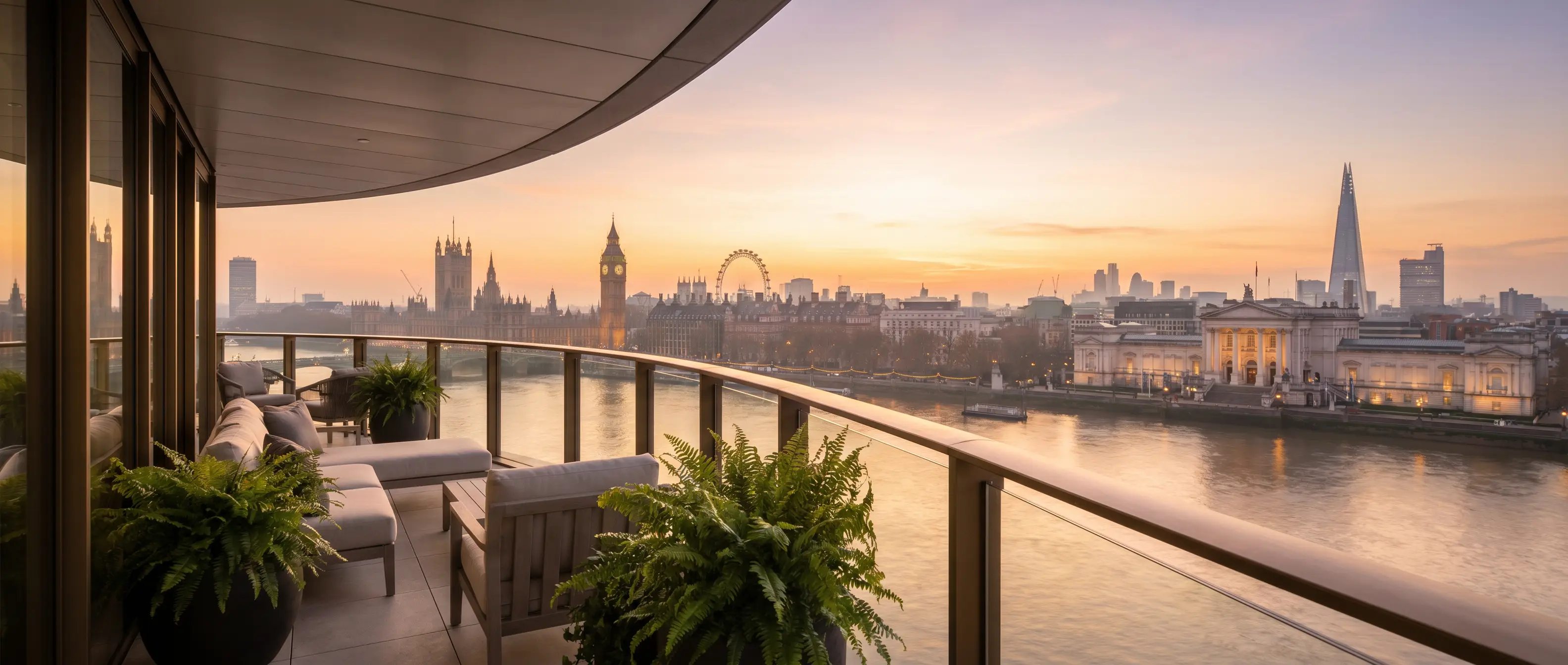 Golden-hour view from a Corniche balcony across the Thames to Parliament, Big Ben and the London Eye